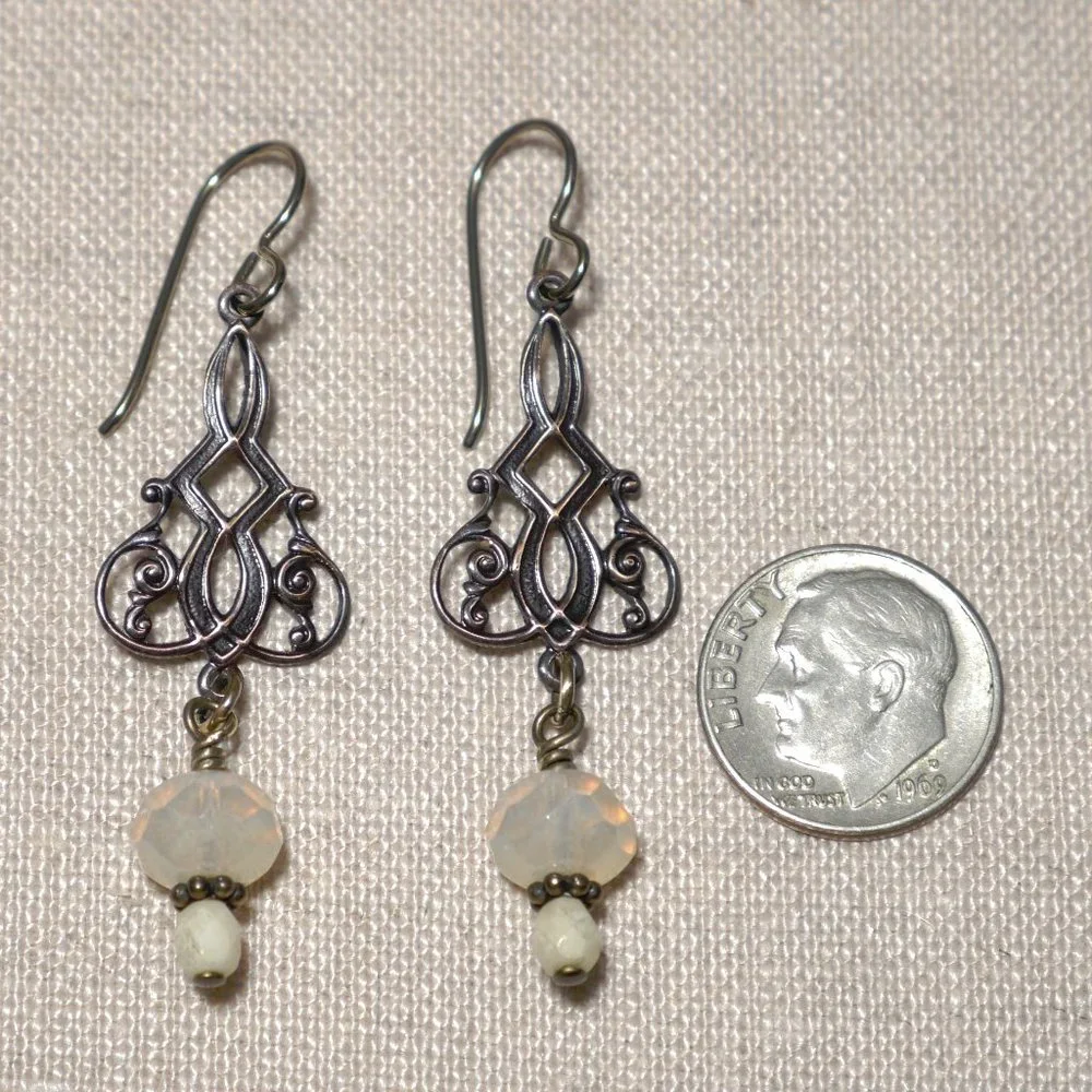 Hand Crafted Handmade Earrings Brass Filigree Cream Opalite Czech Glass … - Picture 3 of 4